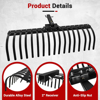 48" Durable Tow Behind Landscape Rake Tractors Rake Fits 2" Receiver for Lawn Tractors or ATV/UTV，Black