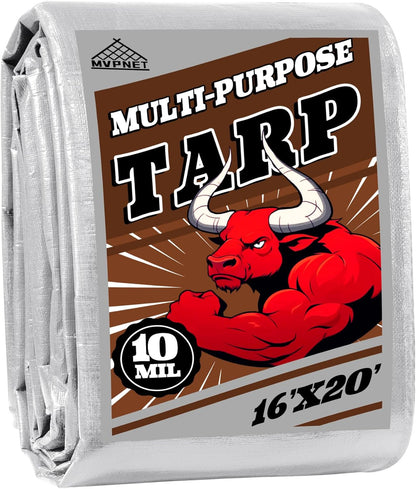 Tarp 16x20 ft Heavy Duty 10mil Silver/Brown 100% Waterproof High Durability Multipurpose Outdoor Tarpaulin,Uv Resistant,for Courtyards,Camping, Canopy, Trailer, Boats, Camping, Etc -by MVPNET