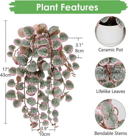 Briful Fake Plants Indoor 16'' Artificial String of Hearts Plants with Ceramic Pot Small Faux Draping Vine Plants for Home Bathroom Table Shelf Office Hotel Decor(Pink)