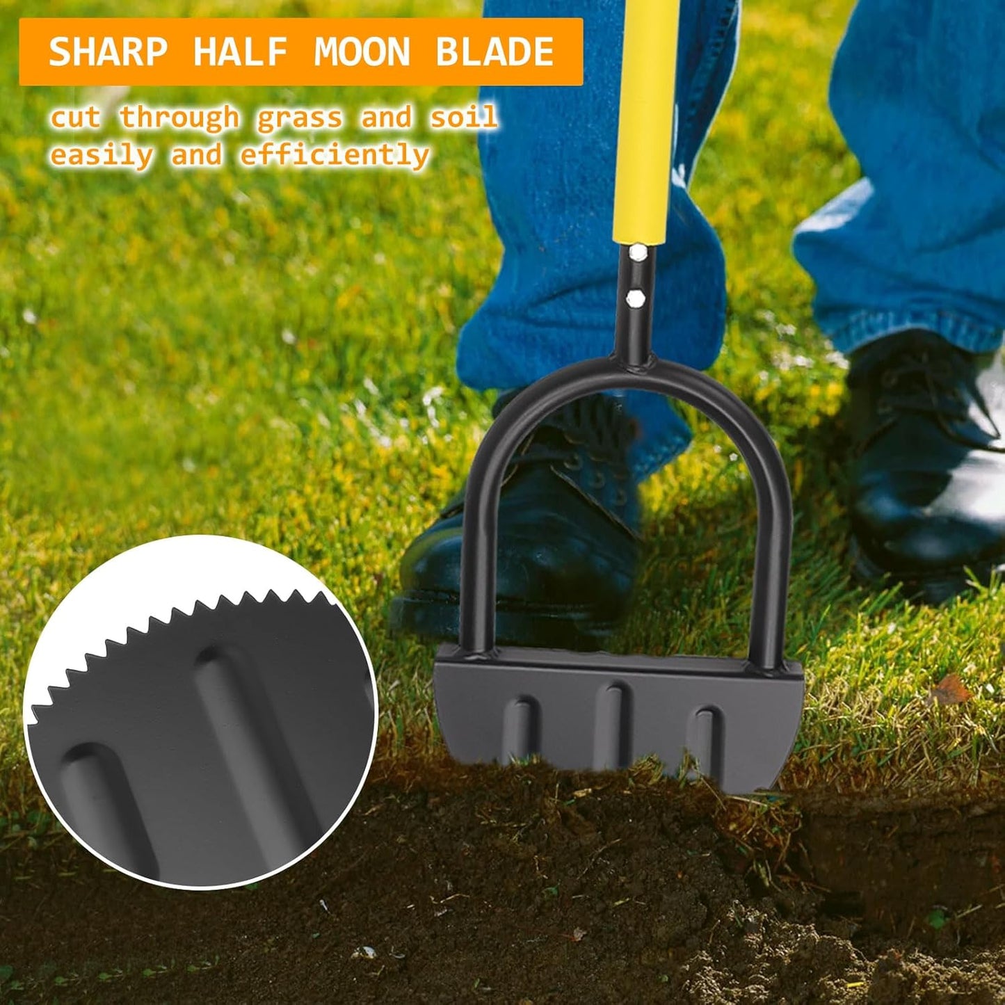 Manual Edger Lawn Tool 37-inch, Half Moon Edger Chopper Lawn Tool with V-Shape Serrated Blade,Solid Steel Lawn Edger Tool with Soft T-Grip and Wide Footplate for Sidewalk,Grass,Yard,Landscape