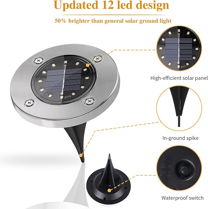 Solar Garden Lights Outdoor, 12 Packs Bright Solar Powered Ground Lights with Updated 12 LEDs, Waterproof Disk Warm Flat Lights for Garden Patio Yard Deck Lawn Walkway Landscape Decor