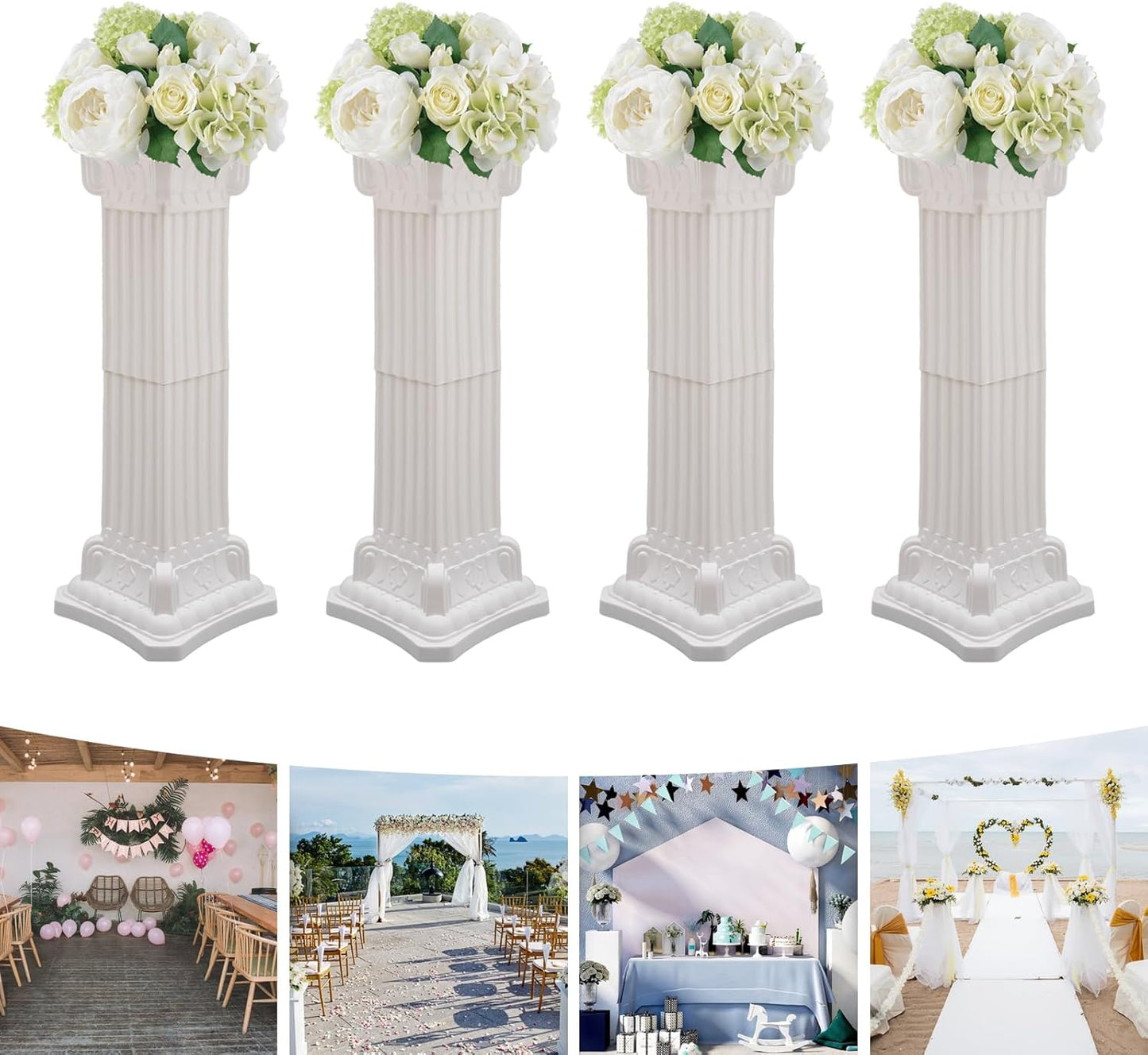 Roman Columns Wedding Stand Pillar Plant Stand Plastic Greek Statue Pedestal Flower Pot Holder Decor, Event Party Elegant Decorative Column (White, 4Pcs, 11.81x35.43 Inch)