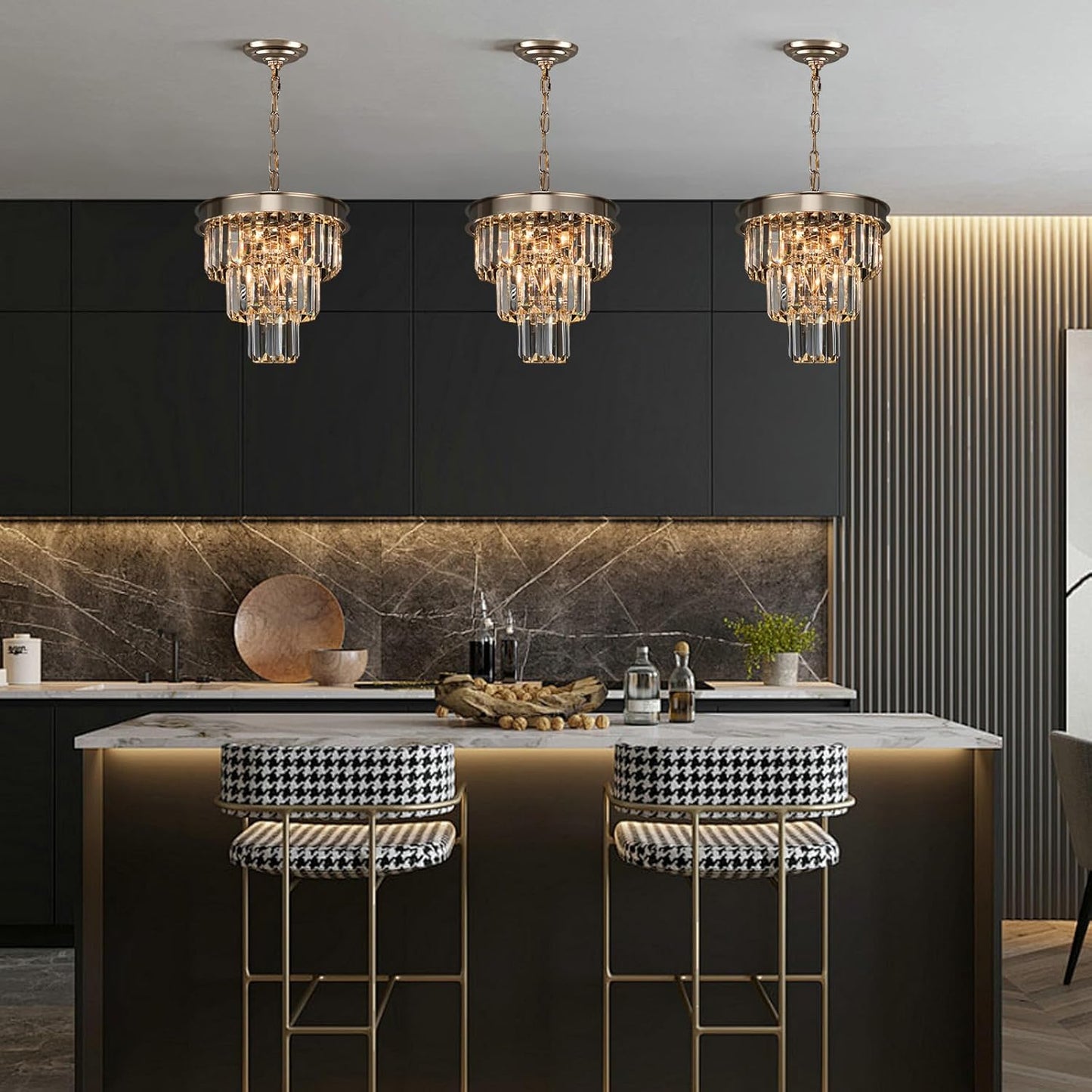Crystal Chandeliers for Dining Room Light Fixtures Over Table，4-Lights Modern Champagne Gold Crystal Pendant Lighting Fixture，Small Chandeliers for Kitchen Island Bedroom Entryway D12 Inch