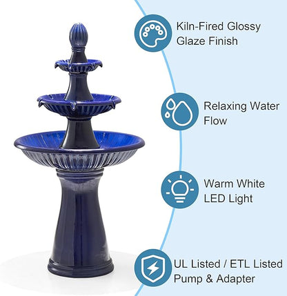Glitzhome Water Fountain Outdoor Floor-Stand Fountain with LED Light & Pump Oversized 3 Tier Ceramic Cobalt Blue Patio Fountains and Waterfalls Outdoor Yard Fountains for Lawn Garden Backyard