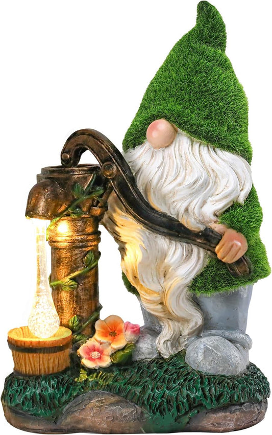 Garden Gnome Statue, Resin Pressurized Well with Water Gnome Figurine with Solar Lights for Porch Patio Yard Outdoor Decor