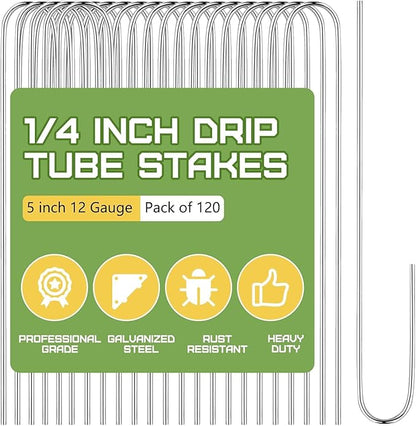 120 Pcs Irrigation Drip Tubing Staples 5 Inch J Shape Irrigation Tube Stakes Galvanized Landscape Pins for 1/4 Inch Irrigation Hose Lawn Nails 1/4 Inch to 1/2 Inch Loop Stake for Drip Tubing