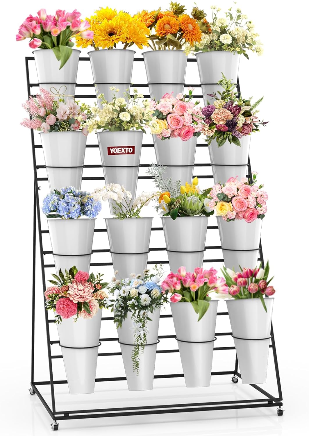 Flower Display Stand with Buckets, 4 Layers 16 PCS Plant Stand with Wheels, Movable Metal Plant Stand for Terrace Garden, Living Room, Florist Shop (Black Frame - White Buckets, 4-Tier)