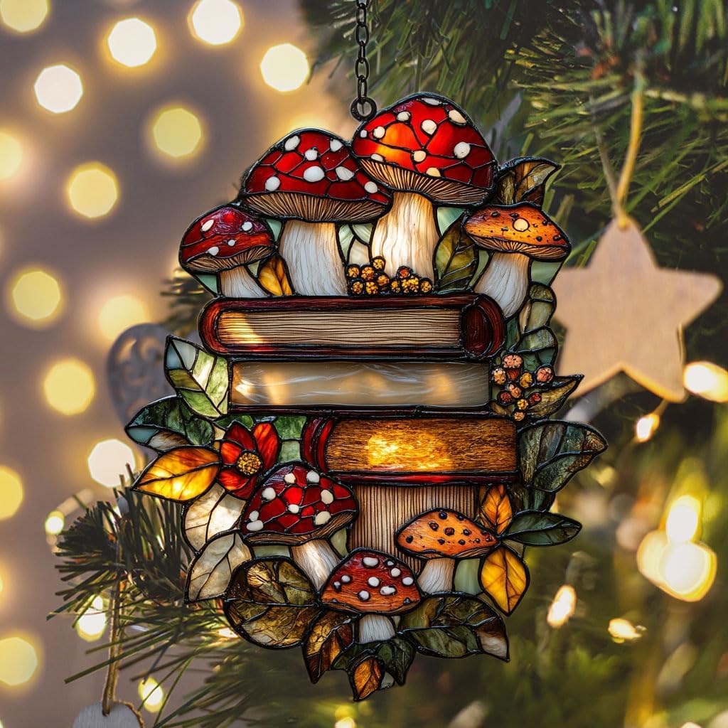 Forest Stack of Books Acrylic Suncatcher Stained Glass Effect Window Car Hanging Christmas Ornament Indoor Outdoor Decor Garden Sun Catcher Panel for Book Lover for Women Mom Grandma
