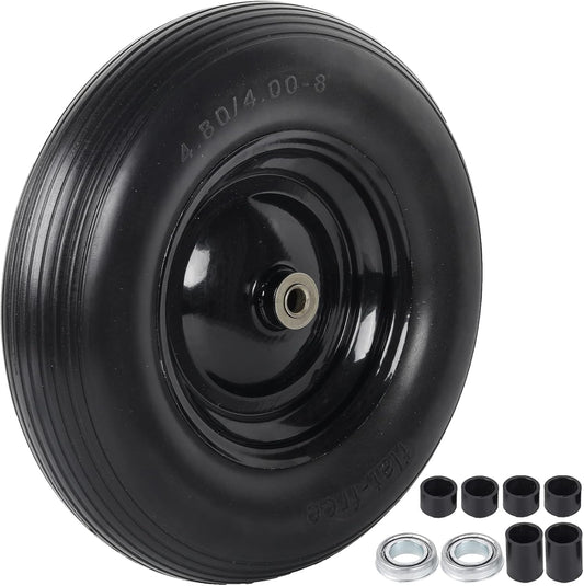 4.80/4.00-8" Flat Free Tire and Wheel - 16 Inch Solid Rubber Wheelbarrow Tires with 5/8" and 3/4"