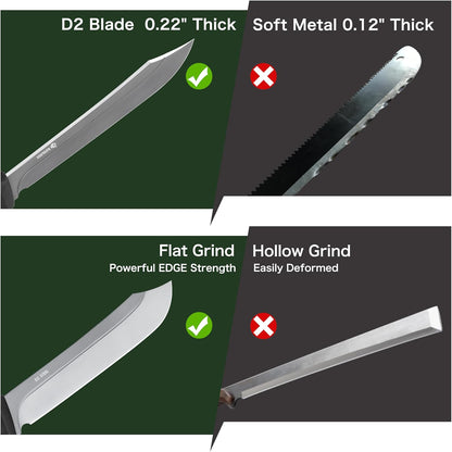 NedFoss 16" Survival Machete with Sheath, D2 Steel 0.22" Thick Full Tang Blade Machete Knife with Flat Grinding, Machete for Cutting Trees, for Yard Work, Clearing Brush with TPE Handle