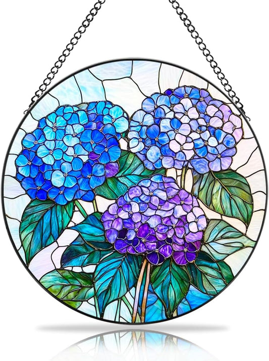 Hydrangea Flower Stained Glass Sun Catcher - Handmade Vibrant Window Hanging Decor with Chain &
