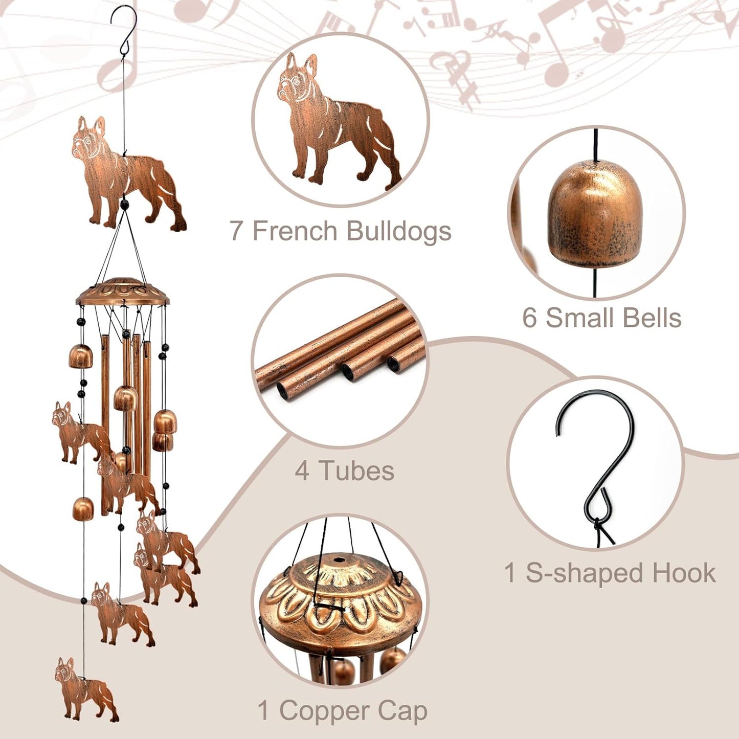 French Bulldog Wind Chimes for Outside, Metal Windchimes Outdoors Birthday Gifts for Women Memorial Sympathy Wind Chimes for Patio Garden Yard