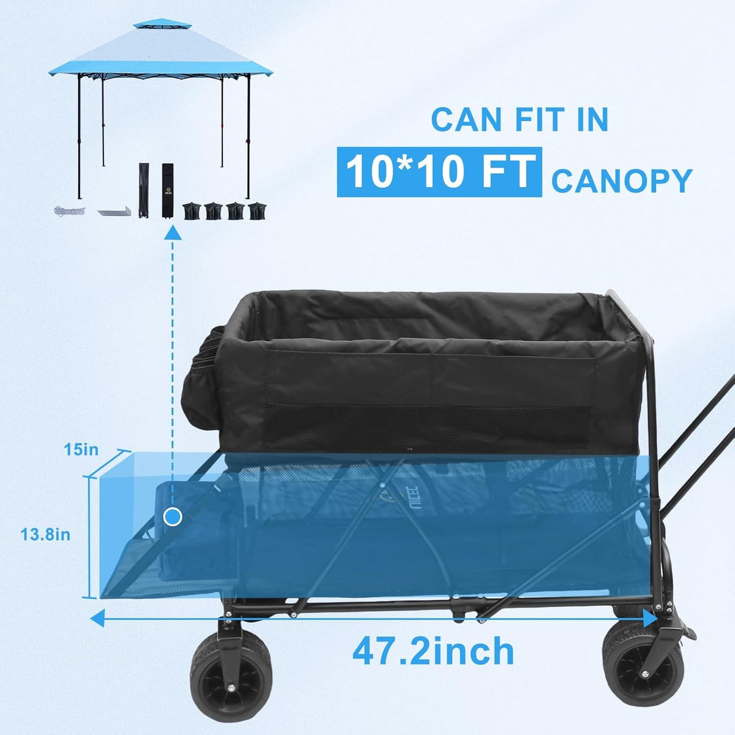 Nice C Push Wagon, Double Decker Wagon, Folding Wagon, Wagons Carts Foldable, Collapsible Wagons, 400L Capacity, Foldable, 47'' Extendable, 4" Wide All Terrain Wheels