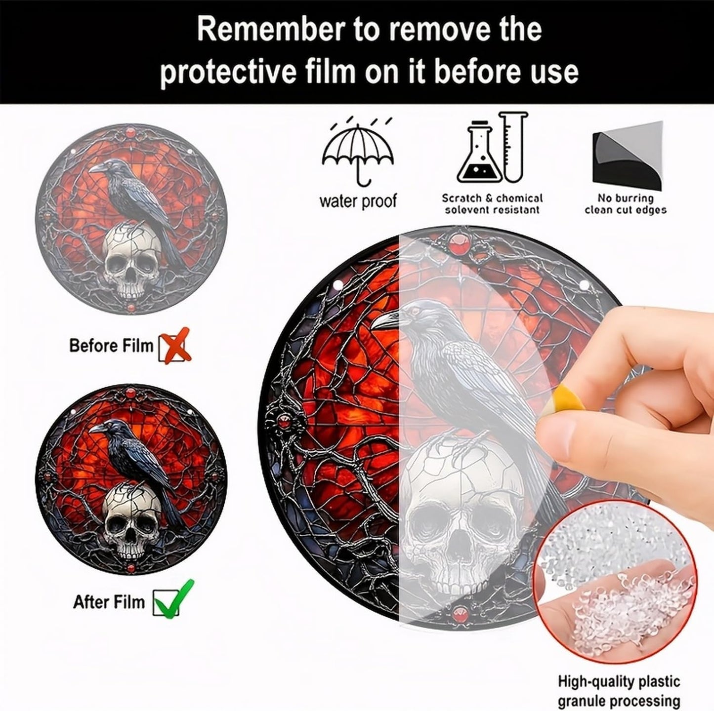 Halloween Sun Catchers Indoor Window Raven Skull Goth Window Decoration Black Goth Acrylic Decoration Black Red with Chain for Home Garden Housewarming Ornaments Gifts for Women Friend Party 7.87 Inch