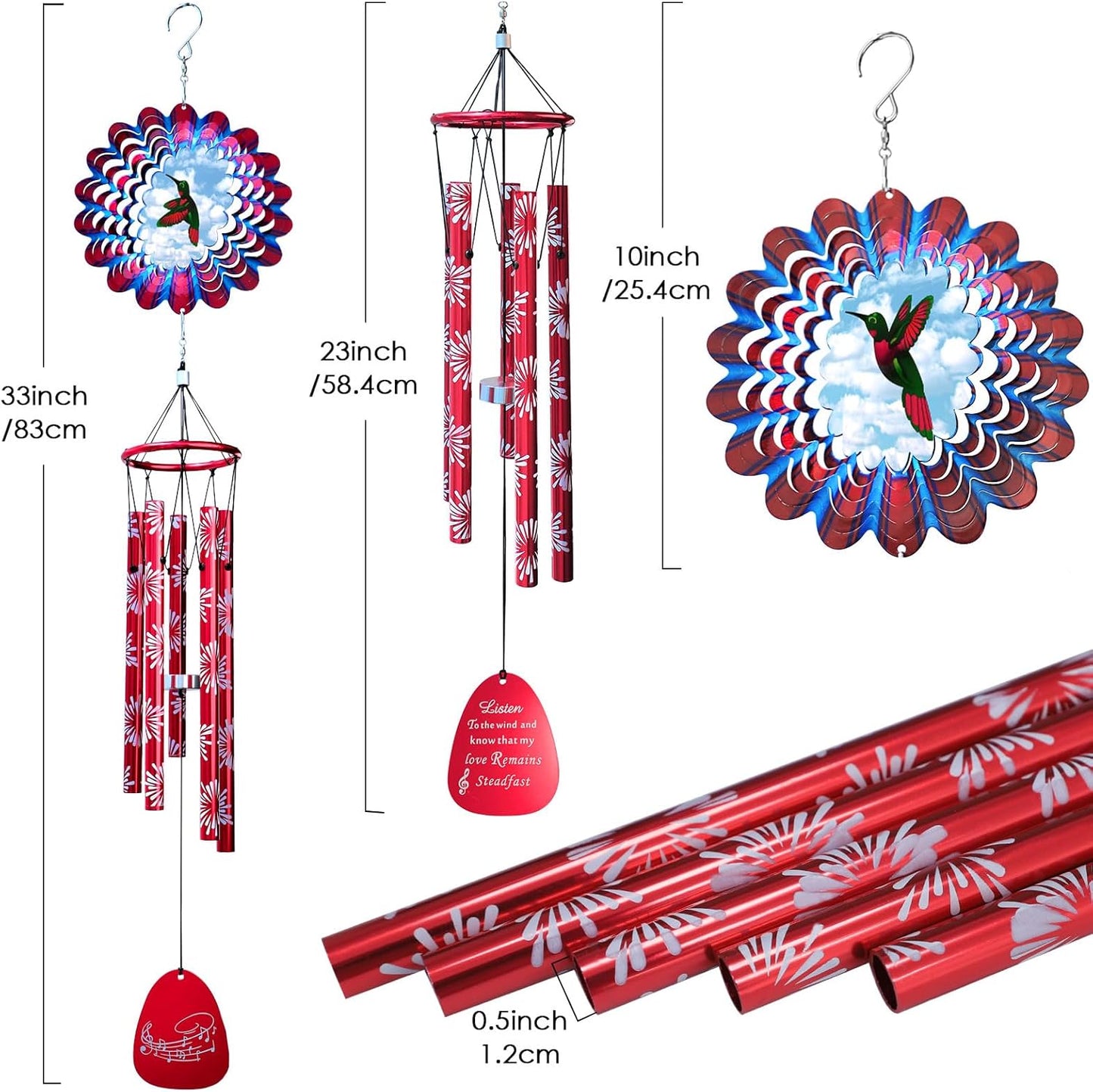 33" Memorial Sympathy Wind Chimes | Deep Tone Hummingbird Windchime with Animated Spinner, Waterproof Outdoor Garden Decor- Gift for Men/Women/Mom/Dad/Housewarming/Christmas
