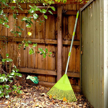 Colwelt Plastic Leaf Rake with 56'' Lightweight Stainless Steel Handle, 22Tines Plastic Head & Garden Gloves for Collecting Loose Debris