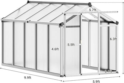 6x10 FT Greenhouse, Easy Assembly Aluminum Polycarbonate Greenhouses for Outdoors with Roof Vent, Large Aluminum Walk-in Greenhouse for Sunroom Patio, Backyard, Garden, Sliding Lockable Door, Silver