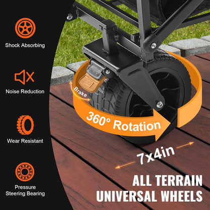 VEVOR 350lbs Collapsible Foldable Wagon Cart, Heavy Duty Foldable Utility Beach Wagon with Big Wheels, Portable Grocery Camping Cart with All Terrain Wheels and Drink Holder