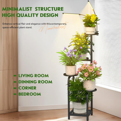 TOSKING 48" Tall Plant Stand with Grow Lights - 5-Tier Corner Plant Shelf with LED Full Spectrum Lights with Dimmer & Timer, Multi-Functional Corner Plant Stand for Home, Office, Balcony (Grow Light 5 Tier-Black)