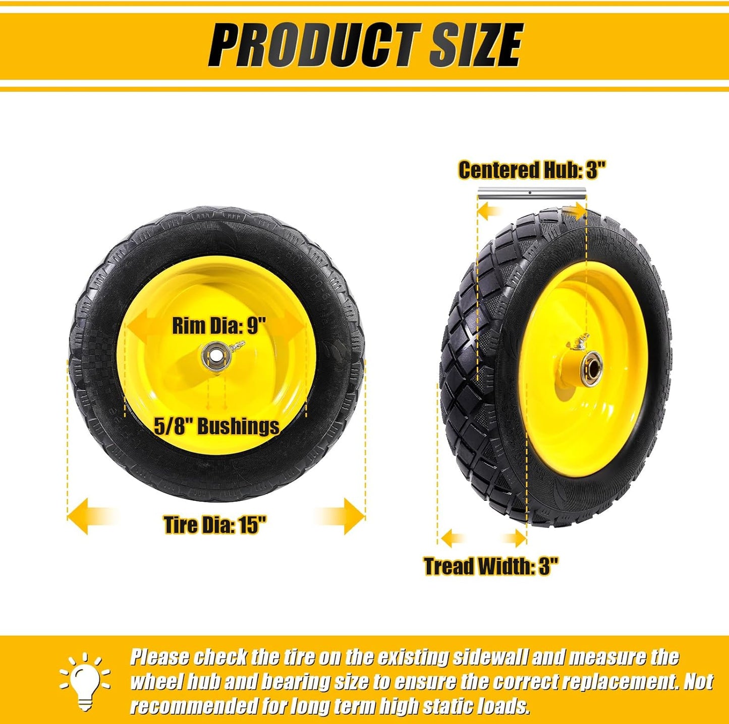 MZREXN 4.80/4.00-8" Flat Free Tire and Wheel 15" Solid Wheelbarrow Tires 3.00-4.00/4.80-8" with 5/8" & 3/4" Bearings, 3" Centered Hub for Hand Truck Garden Trailers Utility Cart Yard Wagon 2PCS Yellow