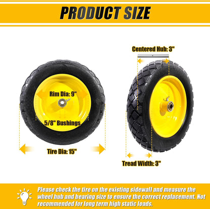 MZREXN 4.80/4.00-8" Flat Free Tire and Wheel 15" Solid Wheelbarrow Tires 3.00-4.00/4.80-8" with 5/8" & 3/4" Bearings, 3" Centered Hub for Hand Truck Garden Trailers Utility Cart Yard Wagon 2PCS Yellow