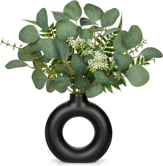 Artificial Eucalyptus Stems in Ceramic Vase 14.23" Fake Eucalyptus Plant Decor Black Donut Vase