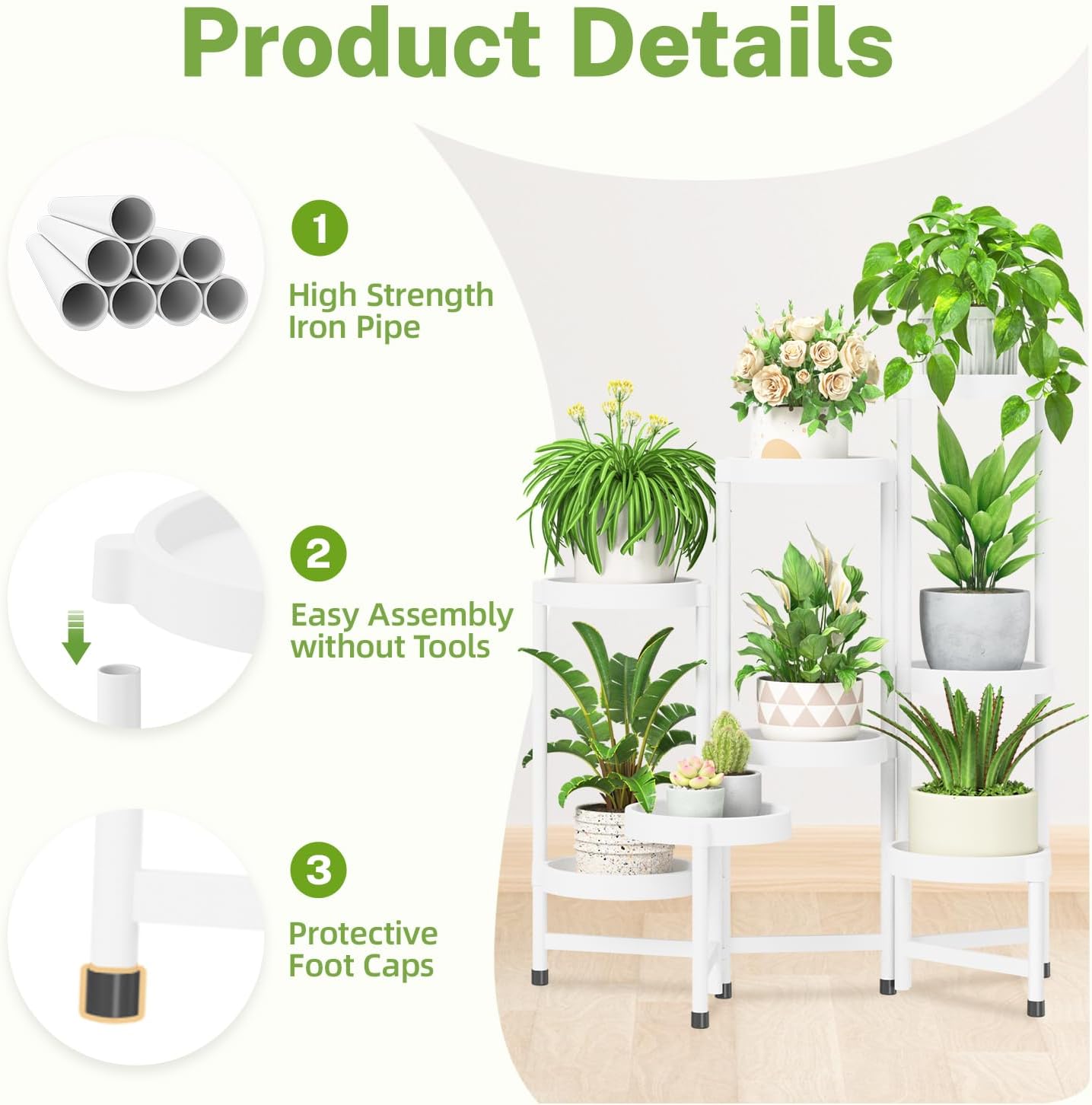 iDavosic.ly 8 Tier Folding Plant Stand Indoor Outdoor with Plastic Tray, Tiered Corner Flower Holder Shelf, Metal Orchid Display Rack for Patio Porch Living Room Garden Balcony, White