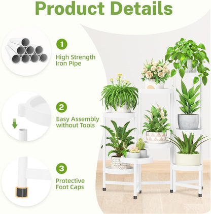 iDavosic.ly 8 Tier Folding Plant Stand Indoor Outdoor with Plastic Tray, Tiered Corner Flower Holder Shelf, Metal Orchid Display Rack for Patio Porch Living Room Garden Balcony, White