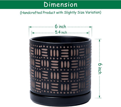 D'vine Dev Set of 2 Ceramic Planter Pots with Drainage Hole and Saucer, 6 Inch Plant Pots for Plants Indoor Houseplants, Black, 99-Z-F-2-Y
