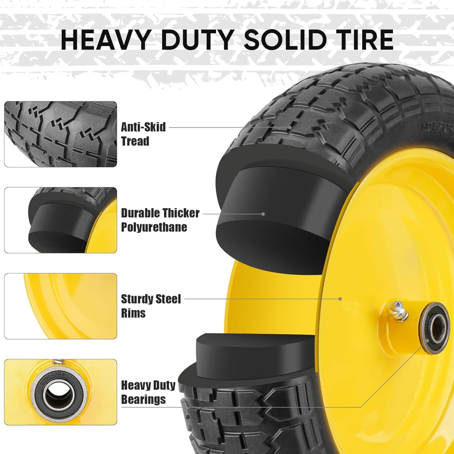 TICONN 4.80/4.00-8 Tire, 14.5" Flat Free Wheelbarrow Tire and Wheel, Solid Replacement Tires with 3" Centered Hub, 5/8" 3/4" Bearings, Universal Fit 4.80/4.00-8, 3.50/3.00-8, 4.00-6 (Yellow)