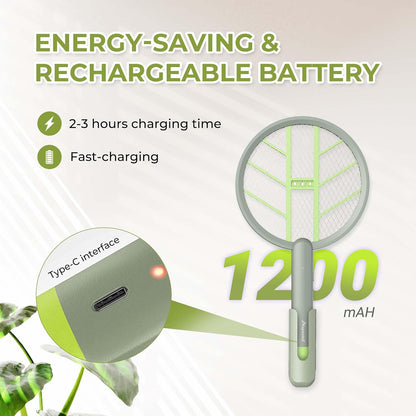 Aspectek 3000V Electric Fly Swatter for Indoor and Outdoor Use, Portable, Rechargeable Bug Zapper Racket with Improved Battery Life, USB Charging Cable, Wall Bracket, White -Green