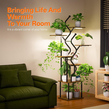 Bstrip 63 Inch Plant Stand with Grow Light, 7-Tier Indoor Plant Shelf with Hanging Hooks, Decor Corner Plant Stand for Living Room & Patio, Black