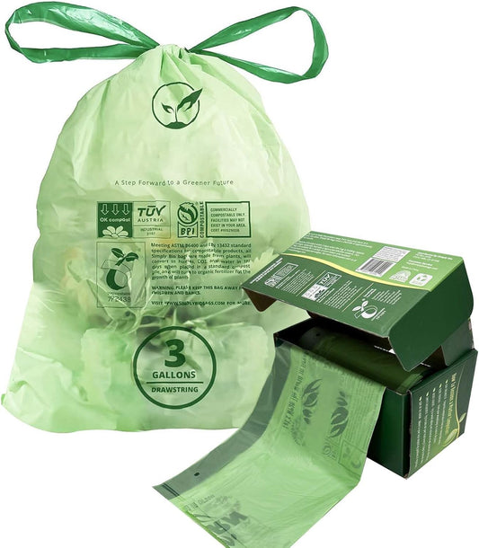 3 Gallon Compostable Trash Bags Drawstring, Heavy Duty Extra Thick 1 Mil, 11.36 Liter, 50 Bags