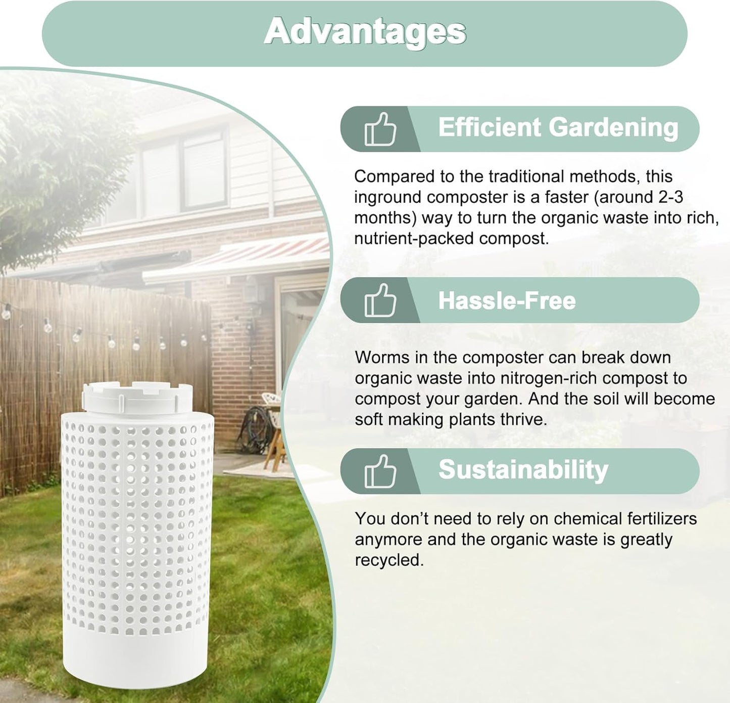 Inground Worm Farm Composter, Outdoor In-Ground Worm Compost Bin for Raised Garden Beds and Yards, In Ground Composting Bin 2 Gallons for Recycling Scraps, 6.3"x6.3"x12", BPA Free, White