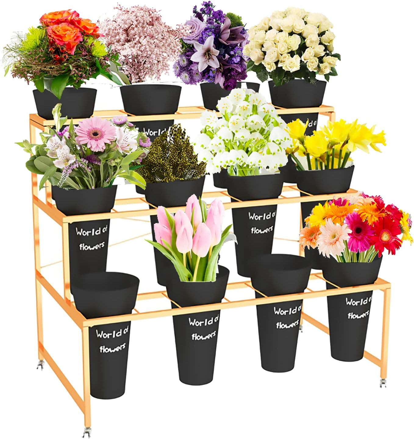 Flower Display Stand With 12PCS Buckets, 3 Layers Metal Plant Stand with Wheels, Heavy Duty Moving Plant Cart Shelf, for Indoor, Outdoor Patio Garden, Living Room, Florist (Black - Round Bucket)