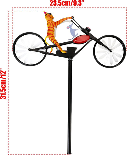 Vintage Cat Bicycle Wind Spinner, Funny Animal Riding Bike Metal Spinners Decoration Sculptures, Colorful Kinetic Pinwheels with Stakes for Yard Garden Lawn, Pet Pin Wheels Outdoor Decor