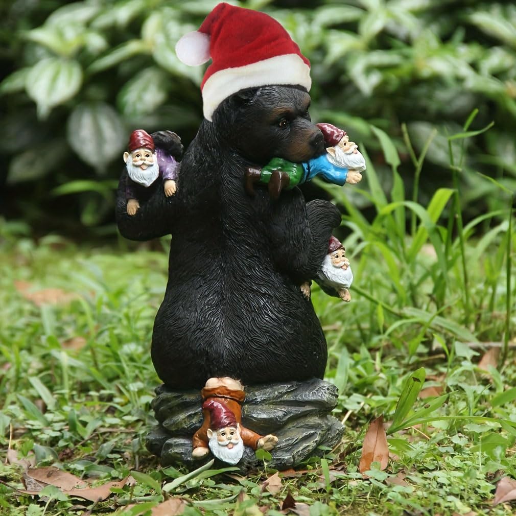 Garden Gnome Figurine Bear Eat Gnomes Statues, Funny Garden Statue for Christmas Outdoor Decoration