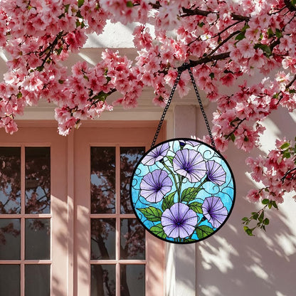 Morning Glory Stained Glass Window Hanging, Purple Suncatcher Panel Hanging for Indoor Outdoor Window Decorations, Morning Glory Glass Ornament for Wall, Garden Decor Gifts for Wedding, Housewarming