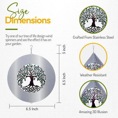 ISEO Tree of Life Wind Spinner for Yard and Garden, Hanging Outdoor Decor, Yard Art, Porch and Patio Decorations, Metal Wind Spinners Outdoor, Weather Resistant, 6.5”