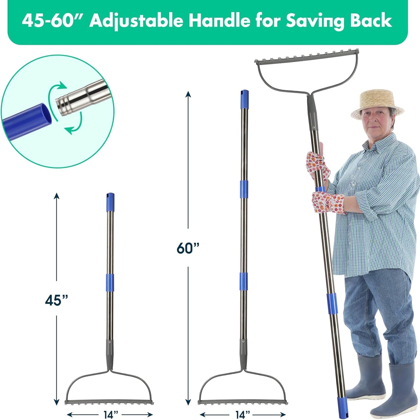 Rake, 72 Inch Garden Bow Rake with 14 Tines, Heavy Duty Stainless Steel Raking Tool for Gardening Landscaping Loosening Soil Leveling Mulching Gravel Gathering Leaf Lawn Care