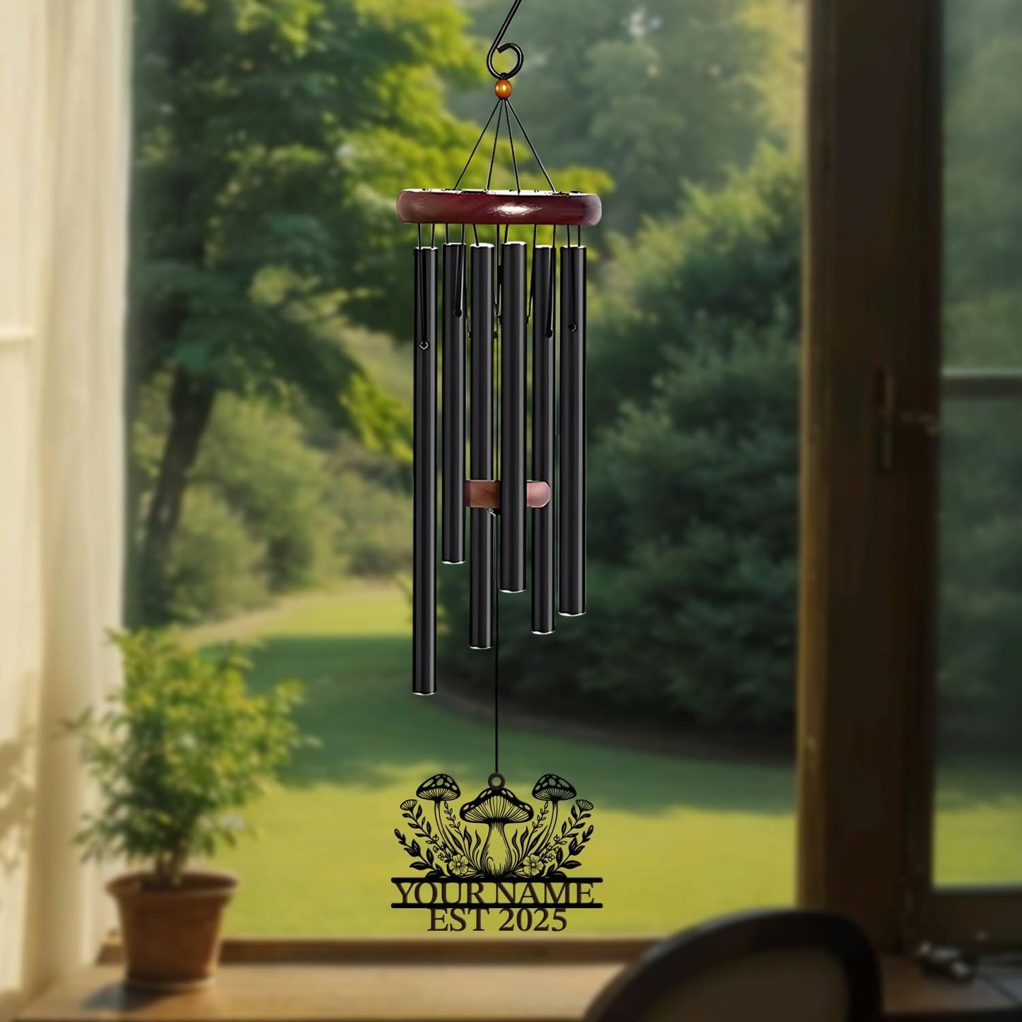 Personalized Customize Name Fantasy Mushroom Wonderland Wind Chime, Metal Iron 37 Inch Outdoor Memorial Gift for Garden Yard Patio Home Decor, Black (Style A)