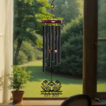 Personalized Customize Name Fantasy Mushroom Wonderland Wind Chime, Metal Iron 37 Inch Outdoor Memorial Gift for Garden Yard Patio Home Decor, Black (Style A)