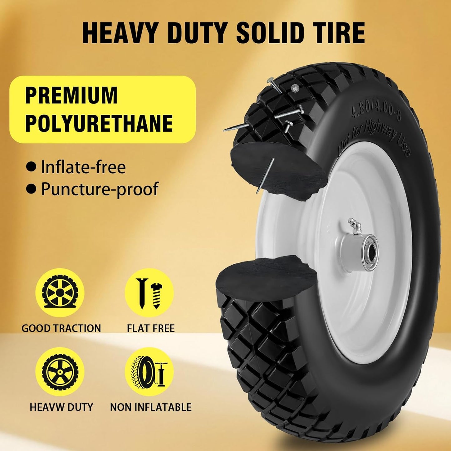 4.80/4.00-8" Tire and Wheel Flat Free 2 PCS, 16" Solid Wheelbarrow Tire with 5/8" & 3/4" Bearings,3"-7" Centered Hub, 14"-16" Universal Fit for Hand Truck/Garden Trailer/Trolley/Wagon
