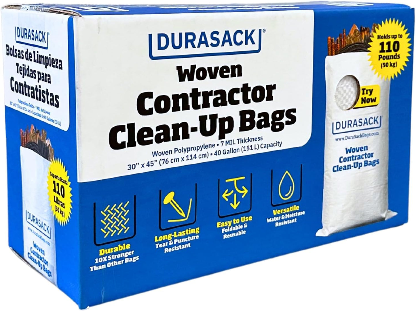 DURASACK Contractor Bags Heavy Duty 40-Gallon Reusable White Woven Polypropylene Contractor Garbage Bags, Pack of 20
