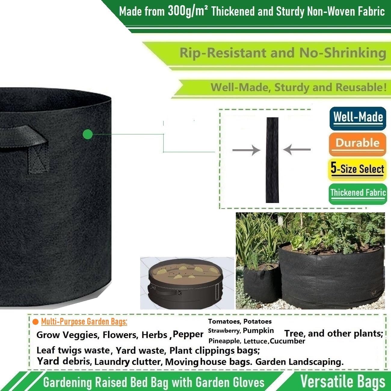 300 Gallon Large Raised Garden Bed Bag (60x24 inch) Big Garden Bag Sturdy Plant Grow Bag for Potato,Tomato Planter,Herb Veggies Planter Bag,Flower Bed,Yard Waste Bag,Lawn Debris Bag,Leaf Bag W/ Gloves