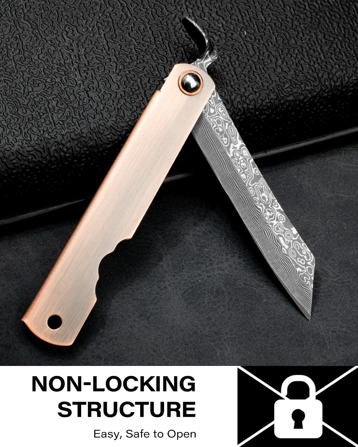 EDC Folding Knife, 2.8" Full Panel Plain Edge Blade, Non-Locking Pocket Knife Features Cloud Pattern Damascus Steel Blade & Red Bronze Electroplated Handle, Includes Black PU Sheath