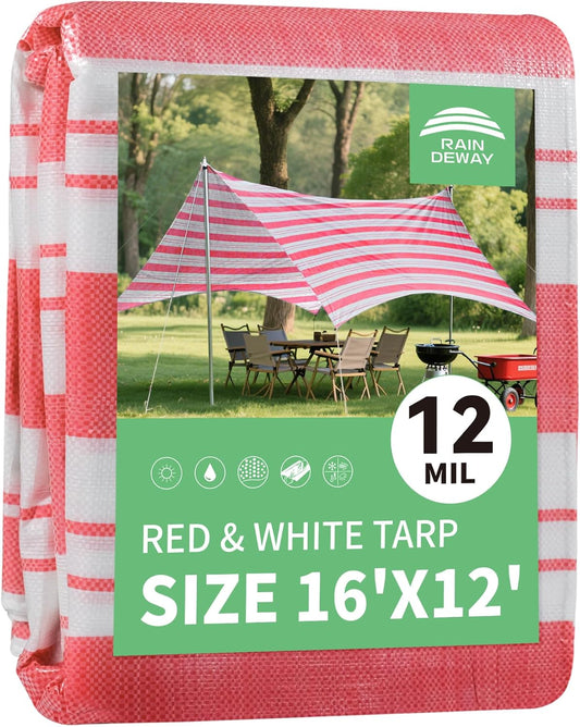 RAINDEWAY Tarps 12x16 Feet,12 Mil Sunshade Striped Tarp Waterproof,Multipurpose Poly Tarp Cover with Grommets and Reinforced Edges,Red/White Tarps