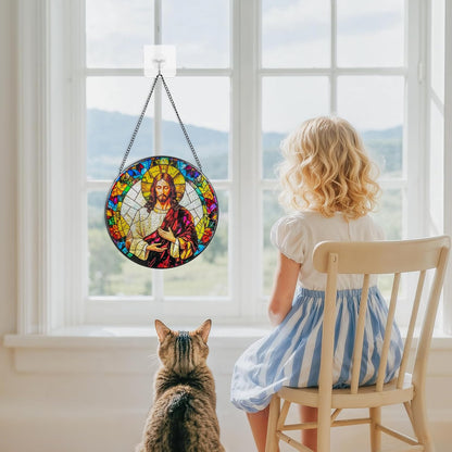Suncatcher Stained Glass Window Hanging - Jesus Christ Glass Panel with Metal Chain and Hooks Handmade Sun Catcher Decoration for Window Garden Home Christmas & Birthday Gifts (8 Inch)