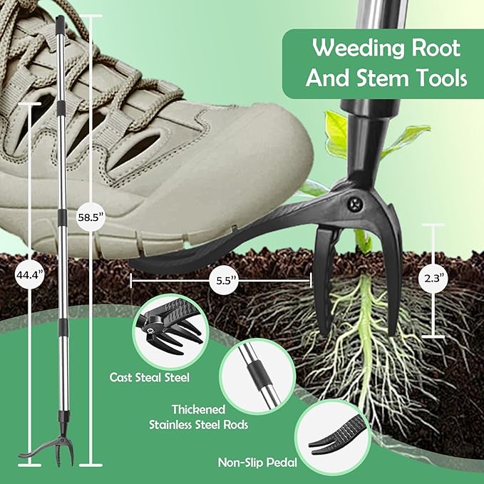 Manual Weed pullerTool, Flat Shovel,Stainless Steel Thatch Rake with Adjustable Handle for Leaf & Moss & Edging & Ice & Snow Removal in Lawn,Driveways, Patios, Garden Cracks (1-3 Tools)