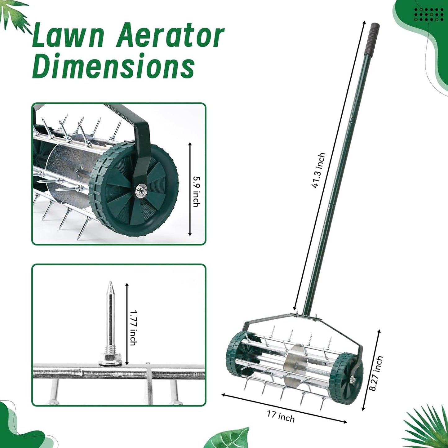 18-Inch Spike Rolling Lawn Aerator for Grass. Heavy Duty Manual Push Aerator Lawn Tool,Soil Health for Garden&Yard Tool(Green)